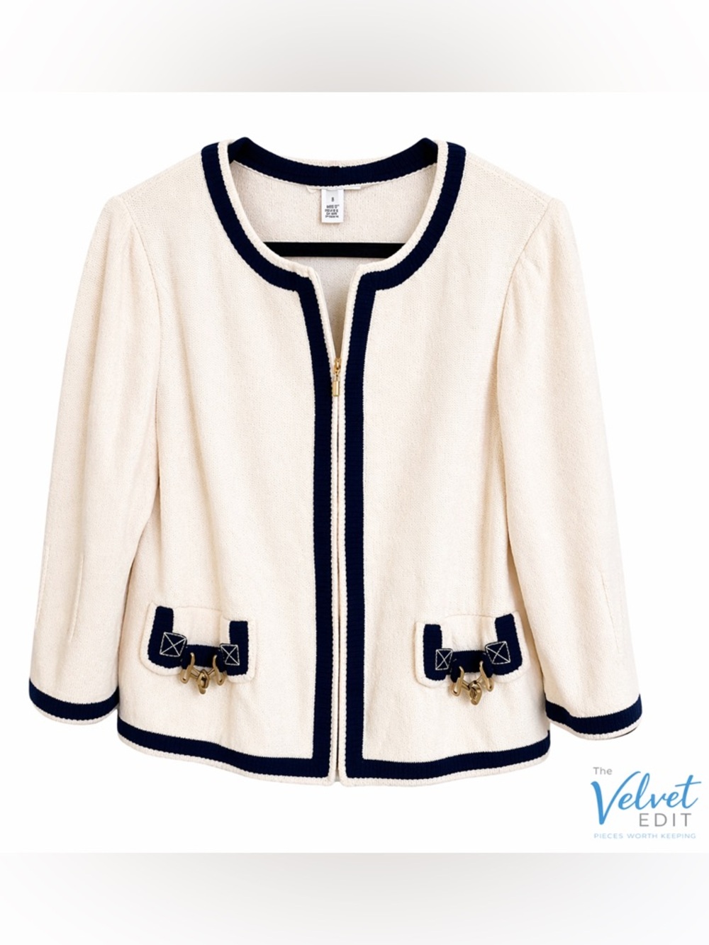 St. John Sport Cream Navy Knit Jacket Gold Chain Detail Size 8